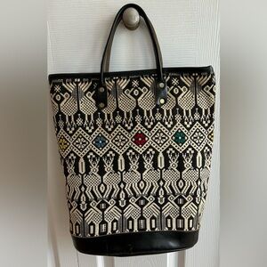 1960’s South American Guadamalan Bird Embroidered Black White Leather Bag